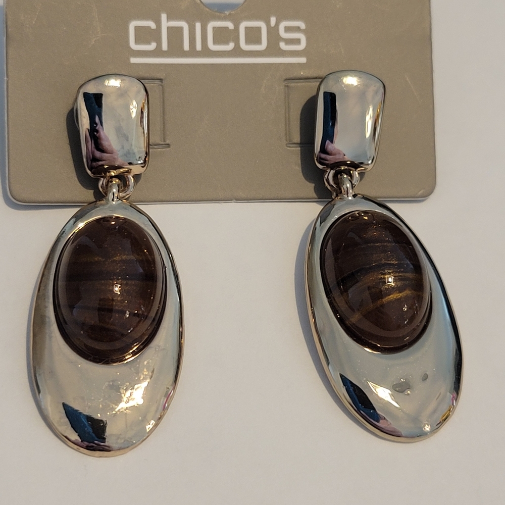 Chico's Silver and Brown Oval Earrings